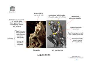 Claseshistoria
                                       Multiplicidad de
                                       puntos de vista     Pensamiento reconcentrado
                                                          refleja intensidad del esfuerzo       Extremidades
                                                                                             sobredimensionadas
  Captación del movimiento
      en distintas fases:
   beso apasionado pero
    mano apenas acaricia
        aún vacilante
                                                                                                Cuerpo musculoso
                                                                                                   en tensión
                   Superficie muy
                   lisa (mujer más,                                                         Superficie sin pulimentado
                   Pulida, hombre                                                            crea fuertes claroscuros
                       de carnes
                      más duras)
contraste                                                                                          Personaje cerrado
                                                                                                     sobre sí mismo
                    Técnica del
                                                                                                   (líneas de fuerza)
                     “non finito”
                     rugosidad



                                      El beso                    El pensador

                                            Auguste Rodin
                                                                                                     Historia del Arte
                                                                                             © 2006 Guillermo Méndez Zapata
 