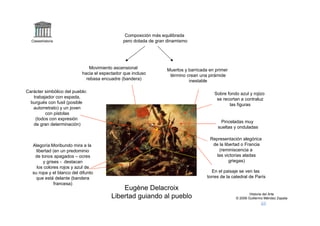 Composición más equilibrada
  Claseshistoria                               pero dotada de gran dinamismo




                               Movimiento ascensional             Muertos y barricada en primer
                            hacia el espectador que incluso        término crean una pirámide
                              rebasa encuadre (bandera)                     inestable

Carácter simbólico del pueblo:                                                          Sobre fondo azul y rojizo
   trabajador con espada,                                                                se recortan a contraluz
  burgués con fusil (posible                                                                   las figuras
   autorretrato) y un joven
         con pistolas
    (todos con expresión
                                                                                           Pinceladas muy
   de gran determinación)
                                                                                          sueltas y onduladas

                                                                                      Representación alegórica
   Alegoría:Moribundo mira a la                                                        de la libertad o Francia
     libertad (en un predominio                                                           (reminiscencia a
    de tonos apagados – ocres                                                            las victorias aladas
         y grises - destacan                                                                    griegas)
     los colores rojos y azul de
   su ropa y el blanco del difunto                                                      En el paisaje se ven las
     que está delante (bandera                                                       torres de la catedral de París
               francesa)
                                              Eugène Delacroix
                                                                                                           Historia del Arte
                                          Libertad guiando al pueblo                               © 2006 Guillermo Méndez Zapata
 