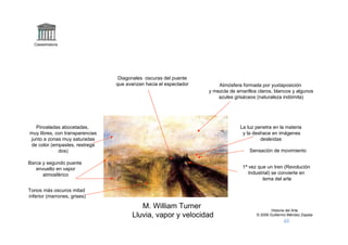 Claseshistoria




                                  Diagonales oscuras del puente
                                 que avanzan hacia el espectador       Atmósfera formada por yuxtaposición
                                                                   y mezcla de amarillos claros, blancos y algunos
                                                                       azules grisáceos (naturaleza indómita)




  Pinceladas abocetadas,                                                         La luz penetra en la materia
muy libres, con transparencias                                                    y la deshace en imágenes
junto a zonas muy saturadas                                                               desleídas
de color (empastes, restrega
             dos)                                                                    Sensación de movimiento

Barca y segundo puente
   envuelto en vapor                                                              1ª vez que un tren (Revolución
      atmosférico                                                                    Industrial) se convierte en
                                                                                            tema del arte

Tonos más oscuros mitad
inferior (marrones, grises)

                                          M. William Turner                                     Historia del Arte
                                       Lluvia, vapor y velocidad                        © 2006 Guillermo Méndez Zapata
 