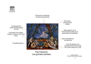 Claseshistoria



                                     Composición equilibrada
                                      de estructura piramidal


                                                                   Movimiento
                                                                  ascensional de
                                                                     árboles
      Va distribuyendo
    armónicamente planos
          de color
                                                                   Sigue jugando con el
                                                                blanco (fondo de tela) como
  Contrastes tonos cálidos
                                                                potenciador de tonalidades
(mujeres, ribera) y tonos fríos
            (cielo)

                                                                Monumentalidad de
                                                                  los desnudos

          Pinceladas planas
                                                                       Tema de bañistas es el
                                                                    principal durante buena parte
                                                                    de la última etapa de su vida


                                     Paul Cézanne
                                  Las grandes bañistas                          Historia del Arte
                                                                        © 2006 Guillermo Méndez Zapata
 