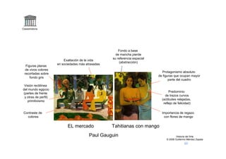 Claseshistoria




                                                        Fondo a base
                                                      de mancha pierde
                                                    su referencia espacial
                          Exaltación de la vida
                                                         (abstracción)
                      en sociedades más atrasadas
   Figuras planas
   de vivos colores
                                                                               Protagonismo absoluto
  recortadas sobre
                                                                             de figuras que ocupan mayor
      fondo gris
                                                                                    parte del cuadro
 Visión rectilínea
del mundo egipcio
                                                                                    Predominio
(partes de frente
                                                                                 de trazos curvos
 y otras de perfil)
                                                                               (actitudes relajadas,
   primitivismo
                                                                                reflejo de felicidad)


 Contraste de                                                                  Importancia de regazo
   colores                                                                      con flores de mango


                            EL mercado              Tahitianas con mango
                                          Paul Gauguin                                    Historia del Arte
                                                                                  © 2006 Guillermo Méndez Zapata
 
