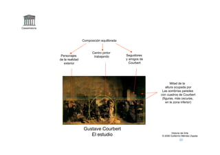 Claseshistoria




                                  Composición equilibrada


                                        Centro pintor
                  Personajes             trabajando         Seguidores
                 de la realidad                             y amigos de
                    exterior                                  Courbert




                                                                                  Mitad de la
                                                                              altura ocupada por
                                                                           Las sombrías paredes
                                                                          con cuadros de Courbert
                                                                           (figuras, más oscuras,
                                                                              en la zona inferior)




                                  Gustave Courbert
                                                                                  Historia del Arte
                                     El estudio                           © 2006 Guillermo Méndez Zapata
 