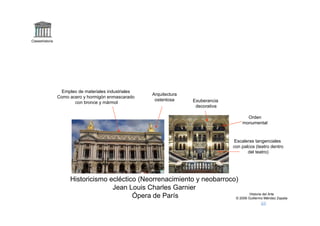 Claseshistoria




                   Empleo de materiales industriales
                                                       Arquitectura
                 Como acero y hormigón enmascarado
                                                        ostentosa     Exuberancia
                        con bronce y mármol
                                                                       decorativa

                                                                                          Orden
                                                                                        monumental



                                                                                    Escaleras tangenciales
                                                                                    con palcos (teatro dentro
                                                                                           del teatro)




                      Historicismo ecléctico (Neorrenacimiento y neobarroco)
                                    Jean Louis Charles Garnier
                                                                                   Historia del Arte
                                           Ópera de París                  © 2006 Guillermo Méndez Zapata
 