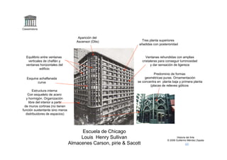 Claseshistoria


                                       Aparición del
                                      Ascensor (Otis)               Tres planta superiores
                                                                  añadidas con posterioridad



   Equilibrio entre ventanas                                             Ventanas rehundidas con amplias
    verticales de chaflán y                                           cristaleras para conseguir luminosidad
   ventanas horizontales del                                                y dar sensación de ligereza
             edificio
                                                                           Predominio de formas
    Esquina achaflanada                                               geométricas puras. Ornamentación
           curva                                                 se concentra en planta baja y primera planta
                                                                         (placas de relieves góticos
        Estructura interna
    Con esqueleto de acero
   y hormigón. Organización
     libre del interior a partir
  de muros cortinas (no tienen
función sustentante sino meros
   distribuidores de espacios)




                                        Escuela de Chicago
                                        Louis Henry Sullivan                                   Historia del Arte
                                                                                       © 2006 Guillermo Méndez Zapata
                                   Almacenes Carson, pirie & Sacott
 
