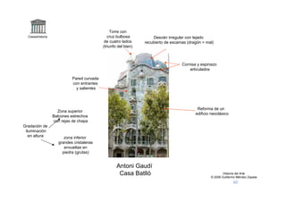 Torre con
  Claseshistoria                                cruz bulbosa          Desván irregular con tejado
                                              de cuatro lados     recubierto de escamas (dragón = mal)
                                             (triunfo del bien)



                                                                                     Cornisa y espinazo
                                                                                         articulados

                             Pared curvada
                             con entrantes
                               y salientes




                                                                                             Reforma de un
                     Zona superior
                                                                                            edificio neoclásico
                   Balcones estrechos
                   con rejas de chapa
Gradación de
 iluminación
   en altura:            zona inferior
                      grandes cristaleras
                         envueltas en
                        piedra (grutas)


                                                     Antoni Gaudí
                                                      Casa Batlló                                           Historia del Arte
                                                                                                    © 2006 Guillermo Méndez Zapata
 