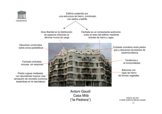 Edificio sostenido por
                                           una estructura de hierro, combinado
                                                   con piedra y ladrillo
 Claseshistoria




                         Gran libertad en la distribución       Fachada es un componente autónomo
                           de espacios interiores al              unido al resto del edificio mediante
                            eliminar muros de carga                   tirantes de hierro y vigas


    Desvanes construidos
    sobre arcos parabólicos                                                                   Contaste cromático entre piedra
                                                                                               gris y desvanes recubiertos de
                                                                                                       cerámica blanca


                                                                                                           Tendencia a
        Fachada ondulada,
                                                                                                         la horizontalidad
       sinuosa, sin esquinas

                                                                                                      Balcones con
    Piedra rugosa moldeada                                                                            rejas de hierro
  con abundantes huecos crea                                                                       de formas vegetales
sensación de montaña (continúa
  basándose en la naturaleza)



                                                      Antoni Gaudí
                                                         Casa Milá
                                                                                                            Historia del Arte
                                                      (“la Pedrera”)                                © 2006 Guillermo Méndez Zapata
 
