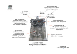 No se concluyó pero
                                                                   algunas piezas se convirtieron
                                                                      en obras independientes
Claseshistoria

                               Se inspira en                Las tres
                            “La Divina Comedia              sombras
                                 de Dante”                                 El pensador
                                                                        (originariamente
                                                                         iba a ser Dante)
                 Gran intensidad del
             modelado (Rodin fue más                                                 Personajes aislados,
           moldeador de barro) confiriendo                                       encerrados en su introspección
                rugosidad a las formas
            (ricos contraste luz-sombra)
                                                                                         Proyectada más de
                                                                                    180 figuras en varios grados
                                                                                de relieve: bulto redondo, alto, medio
                                                                                             y bajo relieve
                  En un espacio
             con fondos indefinidos
               y zonas escarpadas
              se arraciman y afloran                                             Grandes dimensiones:
           multitud de agitadas figuras,                                        13`5 m. alto x 4 m. ancho
           algunas apenas esbozadas




                                                 Auguste Rodin
                                             Las puertas del infierno
                                                                                                     Historia del Arte
                                                                                             © 2006 Guillermo Méndez Zapata
 