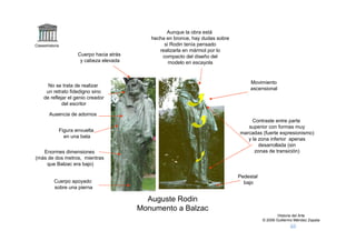Aunque la obra está
                                             hecha en bronce, hay dudas sobre
Claseshistoria                                    si Rodin tenía pensado
                                                realizarla en mármol por lo
                     Cuerpo hacia atrás          compacto del diseño del
                      y cabeza elevada              modelo en escayola


                                                                                     Movimiento
       No se trata de realizar
                                                                                     ascensional
      un retrato fidedigno sino
     de reflejar el genio creador
              del escritor

        Ausencia de adornos
                                                                                     Contraste entre parte
                                                                                   superior con formas muy
             Figura envuelta
                                                                                marcadas (fuerte expresionismo)
               en una bata
                                                                                   y la zona inferior apenas
                                                                                        desarrollada (sin
   Enormes dimensiones                                                                zonas de transición)
(más de dos metros, mientras
    que Balzac era bajo)

                                                                                Pedestal
           Cuerpo apoyado                                                         bajo
           sobre una pierna

                                            Auguste Rodin
                                          Monumento a Balzac
                                                                                                   Historia del Arte
                                                                                           © 2006 Guillermo Méndez Zapata
 
