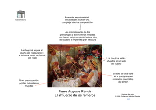 Aparente espontaneidad
Claseshistoria                            de actitudes ocultan una
                                        compleja labor de composición



                                           Las interrelaciones de los
                                       personajes a través de las miradas
                                     nos hacen dirigirnos de un lado al otro
                                      del cuadro e imprimirle gran frescura



        La diagonal separa al
      dueño del restaurante y
     a la futura mujer de Renoir
               del resto                                                       Los dos tríos están
                                                                               situados en un lado
                                                                                    del cuadro



                                                                                    Se trata de una obra
                                                                                     en la que aparecen
                                                                                    retratados conocidos
     Gran preocupación
                                                                                           del pintor
     por las naturalezas
           muertas

                                      Pierre Auguste Renoir
                                                                                               Historia del Arte
                                   El almuerzo de los remeros                          © 2006 Guillermo Méndez Zapata
 