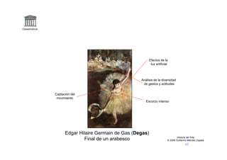Claseshistoria




                                                              Efectos de la
                                                               luz artificial



                                                       Análisis de la diversidad
                                                        de gestos y actitudes


                 Captación del
                  movimiento
                                                          Escorzo intenso




                       Edgar Hilaire Germain de Gas (Degas)
                                                                                    Historia del Arte
                                Final de un arabesco                        © 2006 Guillermo Méndez Zapata
 