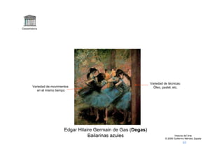 Claseshistoria




                                                                    Variedad de técnicas:
         Variedad de movimientos                                      Óleo, pastel, etc.
            en el mismo tiempo




                             Edgar Hilaire Germain de Gas (Degas)
                                        Bailarinas azules                             Historia del Arte
                                                                              © 2006 Guillermo Méndez Zapata
 