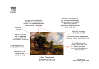 Claseshistoria




                                                                         Manchas y líneas blancas
                           Importancia de los estados                  con suficiente curvatura para
                          atmosféricos y su repercusión               dotarlas de tridimensionalidad
                         sobre la luz: paisaje en transición              y distribuidas de forma
                           de tormentoso a despejado.                 libérrima en todas direcciones
            Punto de                                                          sobre fondo azul
            vista alto
                                                                                        Pinta una naturaleza
                                                                                        doméstica, apacible
         Refleja un paisaje
          real, no idealizado                                                   Cuadro de grandes dimensiones
         (casa de Willy Lott                                                   para una escena costumbrista rural
      con chimenea humeante)

                                                                                        Infinidad de pequeños
 Transmite belleza de                                                                 Detalles del mundo rural:
 la vida cotidiana rural                                                                  hombre pescando,
                                                                                      campesinos trabajando en
                                                                                            la era del fondo
         Perro conduce la
          mirada hacia la
          carreta de heno
                                                   John Constable
                                                                                                 Historia del Arte
                                                   El Carro de heno                      © 2006 Guillermo Méndez Zapata
 