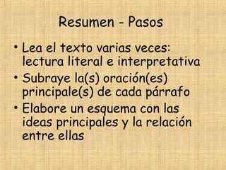 Resumen - Pasos
• Lea el texto varias veces:
lectura literal e interpretativa
• Subraye la(s) oración(es)
principale(s) de cada párrafo
• Elabore un esquema con las
ideas principales y la relación
entre ellas
 