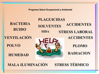 Programa Salud Ocupacional y Ambiental BACTERIA STRESS L ABORAL   STRESS TÉRMICO VENTILA CIÓN POLVO ACCIDENTES PLOMO RADIACION M ALA ILUMINACIÓN SOLVENTES SIDA HUMEDAD RUIDO  ACCIDENTES POLVO PLAGUICIDAS 