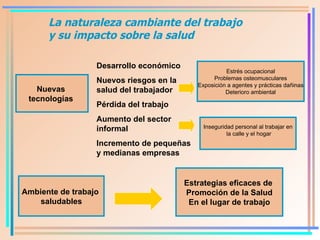 La naturaleza cambiante del trabajo y su impacto sobre la salud Nuevas  tecnologías   Desarrollo económico Nuevos riesgos en la salud del trabajador Pérdida del trabajo Aumento del sector informal Incremento de pequeñas y medianas empresas   Estrés ocupacional Problemas osteomusculares Exposición a agentes y prácticas dañinas Deterioro ambiental Inseguridad personal al trabajar en la calle y el hogar Ambiente de trabajo  saludables Estrategias eficaces de  Promoción de la Salud En el lugar de trabajo 