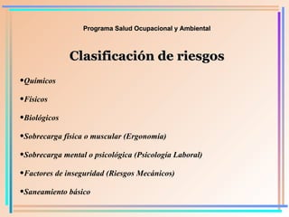 Programa Salud Ocupacional y Ambiental Clasificación de riesgos Químicos Físicos  Biológicos Sobrecarga física o muscular (Ergonomía) Sobrecarga mental o psicológica (Psicología Laboral) Factores de inseguridad (Riesgos Mecánicos) Saneamiento básico 