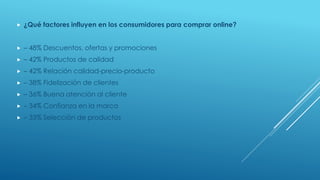  ¿Qué factores influyen en los consumidores para comprar online?
 – 48% Descuentos, ofertas y promociones
 – 42% Productos de calidad
 – 42% Relación calidad-precio-producto
 – 38% Fidelización de clientes
 – 36% Buena atención al cliente
 – 34% Confianza en la marca
 – 33% Selección de productos
 