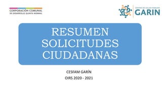 CESFAM GARÍN
OIRS 2020 - 2021
RESUMEN
SOLICITUDES
CIUDADANAS
 