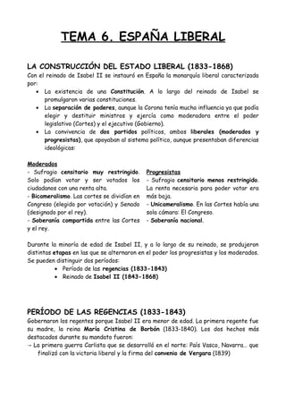 TEMA 6. ESPAÑA LIBERAL
LA CONSTRUCCIÓN DEL ESTADO LIBERAL (1833-1868)
Con el reinado de Isabel II se instauró en España la...