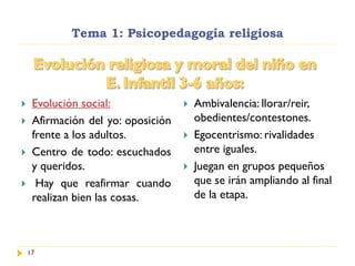 Tema 1: Psicopedagogía religiosa
17
 Evolución social:
 Afirmación del yo: oposición
frente a los adultos.
 Centro de t...