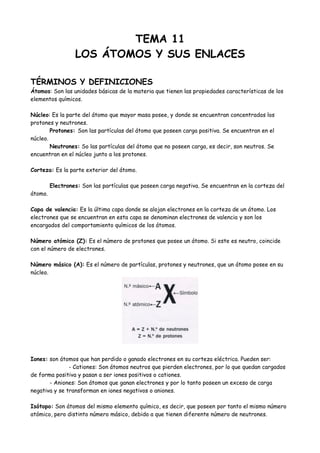 TEMA 11
LOS ÁTOMOS Y SUS ENLACES
TÉRMINOS Y DEFINICIONES
Átomos: Son las unidades básicas de la materia que tienen las pro...