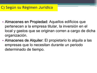 C) Según su Régimen Jurídico


• Almacenes en Propiedad: Aquellos edificios que
  pertenecen a la empresa titular, la inversión en el
  local y gastos que se originan corren a cargo de dicha
  organización.
• Almacenes de Alquiler: El propietario lo alquila a las
  empresas que lo necesitan durante un periodo
  determinado de tiempo.
 
