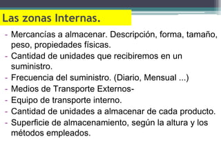 Las zonas Internas.
- Mercancías a almacenar. Descripción, forma, tamaño,
  peso, propiedades físicas.
- Cantidad de unidades que recibiremos en un
  suministro.
- Frecuencia del suministro. (Diario, Mensual ...)
- Medios de Transporte Externos-
- Equipo de transporte interno.
- Cantidad de unidades a almacenar de cada producto.
- Superficie de almacenamiento, según la altura y los
  métodos empleados.
 