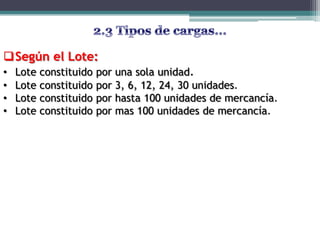 Según el Lote:
•   Lote constituido   por   una sola unidad.
•   Lote constituido   por   3, 6, 12, 24, 30 unidades.
•   Lote constituido   por   hasta 100 unidades de mercancía.
•   Lote constituido   por   mas 100 unidades de mercancía.
 