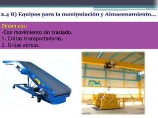 Dinámicos:
-Con movimiento sin traslado.
1. Cintas transportadoras.
2. Grúas aéreas.
 