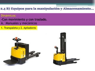 Dinámicos:
-Con movimiento y con traslado.
A. Manuales y mecánicos
1. Transpaleta y 2. Apiladores
 