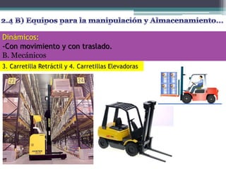 Dinámicos:
-Con movimiento y con traslado.
B. Mecánicos
3. Carretilla Retráctil y 4. Carretillas Elevadoras
 
