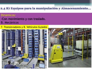 Dinámicos:
-Con movimiento y con traslado.
B. Mecánicos
7. Translevadores y 8. Vehículos Guiados
 