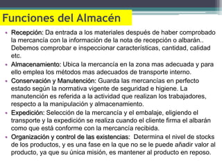 Funciones del Almacén
• Recepción: Da entrada a los materiales después de haber comprobado
  la mercancía con la información de la nota de recepción o albarán..
  Debemos comprobar e inspeccionar características, cantidad, calidad
  etc.
• Almacenamiento: Ubica la mercancía en la zona mas adecuada y para
  ello emplea los métodos mas adecuados de transporte interno.
• Conservación y Manutención: Guarda las mercancías en perfecto
  estado según la normativa vigente de seguridad e higiene. La
  manutención es referida a la actividad que realizan los trabajadores,
  respecto a la manipulación y almacenamiento.
• Expedición: Selección de la mercancía y el embalaje, eligiendo el
  transporte y la expedición se realiza cuando el cliente firma el albarán
  como que está conforme con la mercancía recibida.
• Organización y control de las existencias: Determina el nivel de stocks
  de los productos, y es una fase en la que no se le puede añadir valor al
  producto, ya que su única misión, es mantener al producto en reposo.
 