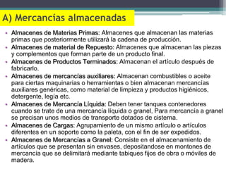 A) Mercancías almacenadas
• Almacenes de Materias Primas: Almacenes que almacenan las materias
  primas que posteriormente utilizará la cadena de producción.
• Almacenes de material de Repuesto: Almacenes que almacenan las piezas
  y complementos que forman parte de un producto final.
• Almacenes de Productos Terminados: Almacenan el artículo después de
  fabricarlo.
• Almacenes de mercancías auxiliares: Almacenan combustibles o aceite
  para ciertas maquinarias o herramientas o bien almacenan mercancías
  auxiliares genéricas, como material de limpieza y productos higiénicos,
  detergente, legía etc.
• Almacenes de Mercancía Líquida: Deben tener tanques contenedores
  cuando se trate de una mercancía líquida o granel, Para mercancía a granel
  se precisan unos medios de transporte dotados de cisterna.
• Almacenes de Cargas: Agrupamiento de un mismo artículo o artículos
  diferentes en un soporte como la paleta, con el fin de ser expedidos.
• Almacenes de Mercancías a Granel: Consiste en el almacenamiento de
  artículos que se presentan sin envases, depositandose en montones de
  mercancía que se delimitará mediante tabiques fijos de obra o móviles de
  madera.
 