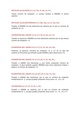METALES ALCALINOS (s1
) (Li, Na, K, Rb, Cs, Fr)
Tienen número de oxidación +1 porque tienden a PERDER el último
electrón.
METALES ALCALINOTÉRREOS (s2
) (Be, Mg, Ca, Sr, Ba, Ra)
Tienden a PERDER los dos electrones de valencia por lo que su número de
oxidación es +2.
ELEMENTOS DEL GRUPO 13 (s2
p1
) (B, Al, Ga, In, Tl)
Tienden en general a PERDER sus tres electrones externos por lo que tienen
número de oxidación +3.
ELEMENTOS DEL GRUPO 14 (s2
p2
) (C, Si, Ge, Sn, Pb)
Presenta, en general, números de oxidación +2 y +4. En el caso del
carbono es frecuente que también pueda GANAR cuatro electrones (-4).
ELEMENTOS DEL GRUPO 15 (s2
p3
) (N, P, As, Sb, Bi)
Tienden a GANAR tres electrones y, por tanto, presentan número de
oxidación -3 pero también pueden PERDER esos cinco electrones finales y
adquirir el número de oxidación +5.
ELEMENTOS DEL GRUPO 16 (s2 p4) (O, S, Se, Te, Po)
Tienden a GANAR dos electrones, por lo que su número de oxidación
fundamental es -2, aunque pueden presentar otros como +2, +4 y +6.
HALÓGENOS (s2
p5
) (F, Cl, Br, I, At)
Tienden a GANAR un electrón, por lo que su número de oxidación
fundamental es -1, aunque pueden presentar otros como +1, +3, +5 y +7.
 