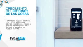 Para el año 2020 se estiman
que 26.000 millones de
objetos estarán conectados a
internet, esto significa data
de todo lo que pasa en
nuestro planeta.
CRECIMIENTO
DEL INTERNET
DE LAS COSAS
 