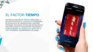 Continúa siendo un factor relevante, y
de esta forma el E-commerce mediante
la economía de plataformas, permite
entregar en pocas horas los productos y
servicios que el consumidor necesita y
ordena desde su móvil a un solo clic y
con múltiples modalidades de pago.
EL FACTOR TIEMPO
 