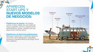 • Plataformas de alquiler: Bicicletas,
carros, motos, tablas de surf, tabla de
esquí, juguetes, oficinas, habitaciones,
apartamentos, botes, vestidos de lujo,
joyas entre muchos otros.
• Plataformas de Servicios profesionales:
Mensajero personal, o contratar diversos
servicios como peluquería, maquillaje,
jardinería, mantenimientos de hogar, entre
otras labores.
APARECEN
START UPS Y
NUEVOS MODELOS
DE NEGOCIOS:
 