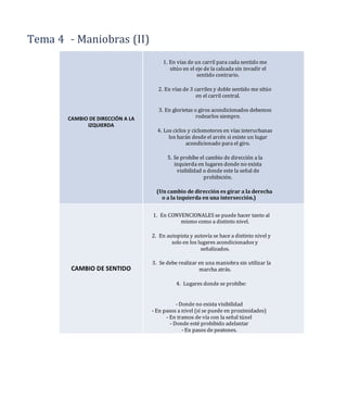Tema 4 Maniobras (II)
CAMBIO DE DIRECCIÓN A LA
IZQUIERDA
1. En vías de un carril para cada sentido me
sitúo en el eje de la calzada sin invadir el
sentido contrario.
2. En vías de 3 carriles y doble sentido me sitúo
en el carril central.
3. En glorietas o giros acondicionados debemos
rodearlos siempre.
4. Los ciclos y ciclomotores en vías interurbanas
los harán desde el arcén si existe un lugar
acondicionado para el giro.
5. Se prohíbe el cambio de dirección a la
izquierda en lugares donde no exista
visibilidad o donde este la señal de
prohibición.
(Un cambio de dirección es girar a la derecha
o a la izquierda en una intersección.)
CAMBIO DE SENTIDO
1. En CONVENCIONALES se puede hacer tanto al
mismo como a distinto nivel.
2. En autopista y autovía se hace a distinto nivel y
solo en los lugares acondicionados y
señalizados.
3. Se debe realizar en una maniobra sin utilizar la
marcha atrás.
4. Lugares donde se prohíbe:
- Donde no exista visibilidad
- En pasos a nivel (sí se puede en proximidades)
- En tramos de vía con la señal túnel
- Donde esté prohibido adelantar
- En pasos de peatones.
 