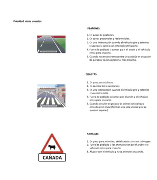 Prioridad otros usuarios:
PEATONES:
1.En pasos de peatones.
2. En zonas peatonales y residenciales.
3. En una intersección cuando el vehículo gire y estemos
cruzando la calle o con intención de hacerlo.
4. Fuera de poblado si vamos p o r el arcén y el vehículo
entra para cruzarlo.
5. Cuando nos encontremos entre un autobús en situación
de parada y la zona peatonal más próxima.
CICLISTAS:
1. En paso para ciclistas.
2. En carriles bici o senda bici.
3. En una intersección cuando el vehículo gire y estemos
cruzando la calle.
4. Fuera de poblado si vamos por el arcén y el vehículo
entra para cruzarlo.
5. Cuando circulen en grupo y el primer ciclista haya
entrado en el cruce (forman una sola unidad yno se
pueden separar).
ANIMALES:
1. En paso para animales, señalizados como en la imagen.
2. Fuera de poblado si los animales van por el arcén y el
vehículo entra para cruzarlo
3. Al girar con el vehículo y haya animales cruzando.
CANADA
 