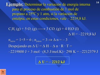 EEjjeemmpplloo:: DDeetteerrmmiinnaarr llaa vvaarriiaacciióónn ddee eenneerrggííaa iinntteerrnnaa 14 
ppaarraa eell pprroocceessoo ddee ccoommbbuussttiióónn ddee 11 mmooll ddee 
pprrooppaannoo aa 2255ºCC yy 11 aattmm,, ssii llaa vvaarriiaacciióónn ddee 
eennttaallppííaa,, eenn eessttaass ccoonnddiicciioonneess,, vvaallee –– 22221199,,88 kkJJ.. 
CC33HH88 ((gg)) + 55 OO22 ((gg)) ¾® 33 CCOO22 ((gg)) + 44 HH22OO ((ll)) 
D HH == ––22221199,,88 kkJJ 
nnrreeaaccttiivvooss == 11+55 == 66 ;; nnpprroodduuccttooss == 33 Þ D nn == –– 33 
DDeessppeejjaannddoo eenn D UU == D HH –– D nn · RR · TT == 
––22221199880000 JJ + 33 mmooll · ((88,,33 JJ//mmooll..KK)) · 229988 KK == ––22221122337799 JJ 
D UU == –– 22221122 kkJJ 
 
