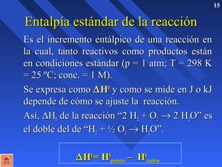15 
EEnnttaallppííaa eessttáánnddaarr ddee llaa rreeaacccciióónn 
EEss eell iinnccrreemmeennttoo eennttáállppiiccoo ddee uunnaa rreeaacccciióónn eenn 
llaa ccuuaall,, ttaannttoo rreeaaccttiivvooss ccoommoo pprroodduuccttooss eessttáánn 
eenn ccoonnddiicciioonneess eessttáánnddaarr ((pp == 11 aattmm;; TT == 229988 KK 
== 2255 ºCC;; ccoonncc.. == 11 MM)).. 
SSee eexxpprreessaa ccoommoo DHH00 yy ccoommoo ssee mmiiddee eenn JJ oo kkJJ 
ddeeppeennddee ddee ccóómmoo ssee aajjuussttee llaa rreeaacccciióónn.. 
AAssíí,, DHH00 ddee llaa rreeaacccciióónn ““22 HH22 + OO22 ® 22 HH22OO”” eess 
eell ddoobbllee ddeell ddee ““HH22 + ½ OO22 ® HH22OO””.. 
DHH00 == HH00 
pprroodduuccttooss –– HH00 
rreeaaccttiivvooss 
 