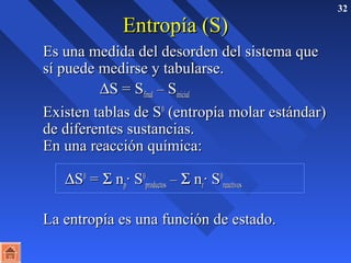 32 
EEnnttrrooppííaa ((SS)) 
 EEss uunnaa mmeeddiiddaa ddeell ddeessoorrddeenn ddeell ssiisstteemmaa qquuee 
ssíí ppuueeddee mmeeddiirrssee yy ttaabbuullaarrssee.. 
DSS == SSffiinnaall –– SSiinniicciiaall 
 EExxiisstteenn ttaabbllaass ddee SS00 ((eennttrrooppííaa mmoollaarr eessttáánnddaarr)) 
ddee ddiiffeerreenntteess ssuussttaanncciiaass.. 
 EEnn uunnaa rreeaacccciióónn qquuíímmiiccaa:: 
DSS00 == S nnpp· SS00 
pprroodduuccttooss –– S nnrr· SS00 
rreeaaccttiivvooss 
 LLaa eennttrrooppííaa eess uunnaa ffuunncciióónn ddee eessttaaddoo.. 
 
