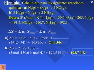 EEjjeemmpplloo:: CCaallccuullaa DSS00 ppaarraa llaass ssiigguuiieenntteess rreeaacccciioonneess 33 
qquuíímmiiccaass:: aa)) NN22((gg)) ++ OO22((gg)) ® 22 NNOO((gg));; 
bb)) 33 HH22((gg)) ++ NN22((gg)) ® 22 NNHH33((gg)).. 
DDaattooss:: SS00 ((JJ·mmooll––11·K––11)):: HH22((gg)) == 113300,,66;; OO22((gg)) ==220055;; NN22((gg)) 
== 119911,,55;; NNOO((gg)) == 221100,,77;; NNHH33((gg)) ==119922,,33 
DSS00 == S nnpp· SS00 
pprroodduuccttooss –– S nnrr· SS00 
rreeaaccttiivvooss 
aa)) DSS00 == 22 mmooll · 221100,,77 JJ ·mmooll––11 ·K––11 –– 
((119911,,55 JJ·K––11 ++ 220055 JJ·K––11 )) == 2244,,99 JJ·KK––11 
bb)) DSS00 == 22·119922,,33 JJ·K––11 –– 
((33 mmooll ·113300,,66 JJ· mmooll––11·K––11 ++ 119911,,55 JJ·K––11 )) == ––119988,,77 JJ·KK––11 
 