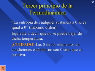 TTeerrcceerr pprriinncciippiioo ddee llaa 35 
TTeerrmmooddiinnáámmiiccaa 
 ““LLaa eennttrrooppííaa ddee ccuuaallqquuiieerr ssuussttaanncciiaa aa 00 KK eess 
iigguuaall aa 00”” ((mmááxxiimmoo oorrddeenn)).. 
 EEqquuiivvaallee aa ddeecciirr qquuee nnoo ssee ppuueeddee bbaajjaarr ddee 
ddiicchhaa tteemmppeerraattuurraa.. 
 ¡¡CCUUIIDDAADDOO!! LLaass SS ddee llooss eelleemmeennttooss eenn 
ccoonnddiicciioonneess eessttáánnddaarr nnoo ssoonn 00 ssiinnoo qquuee eess 
ppoossiittiivvaa.. 
 