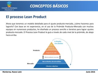 Monterrey, Nuevo León Junio 2016
Consultoría Estratégica
Directiva S. C.
CONCEPTOS BÁSICOS
El proceso Lean Product
Ahora que tenemos un modelo detallado para el ajuste producto-mercado, ¿cómo hacemos para
lograrlo? Con base en mi experiencia, en el uso de la Pirámide Producto-Mercado con muchos
equipos en numerosos productos, he diseñado un proceso sencillo e iterativo para lograr ajustes
producto-mercado. El Proceso Lean Product le guía a través de cada nivel de la pirámide, de abajo
hacia arriba.
 