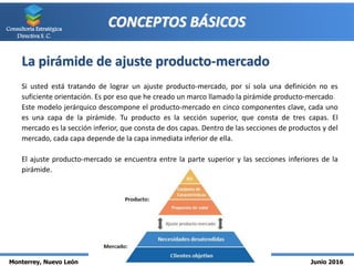 Monterrey, Nuevo León Junio 2016
Consultoría Estratégica
Directiva S. C.
CONCEPTOS BÁSICOS
La pirámide de ajuste producto-mercado
Si usted está tratando de lograr un ajuste producto-mercado, por sí sola una definición no es
suficiente orientación. Es por eso que he creado un marco llamado la pirámide producto-mercado.
Este modelo jerárquico descompone el producto-mercado en cinco componentes clave, cada uno
es una capa de la pirámide. Tu producto es la sección superior, que consta de tres capas. El
mercado es la sección inferior, que consta de dos capas. Dentro de las secciones de productos y del
mercado, cada capa depende de la capa inmediata inferior de ella.
El ajuste producto-mercado se encuentra entre la parte superior y las secciones inferiores de la
pirámide.
 