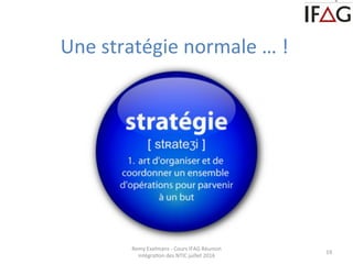 19	
  
Une	
  stratégie	
  normale	
  …	
  !	
  
Remy	
  Exelmans	
  -­‐	
  Cours	
  IFAG	
  Réunion	
  
intégraCon	
  des...
