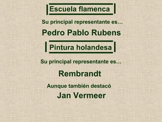 Escuela flamenca Su principal representante es… Pedro Pablo Rubens Pintura holandesa Su principal representante es… Rembra...