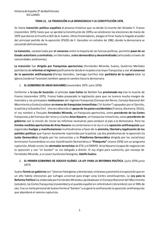 Historiade España 2º de Bachillerato
IES LLANES
1
TEMA 11. LA TRANSICIÓN A LA DEMOCRACIA Y LA CONSTITUCIÓN 1978.
Se llama ...